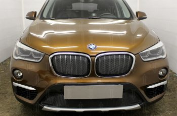 6 549 р. Защитная сетка радиатора в бампер Стрелка 11 Премиум (алюминий) BMW X1 F48 дорестайлинг (2015-2019) (Цвет: черный)  с доставкой в г. Санкт‑Петербург. Увеличить фотографию 2