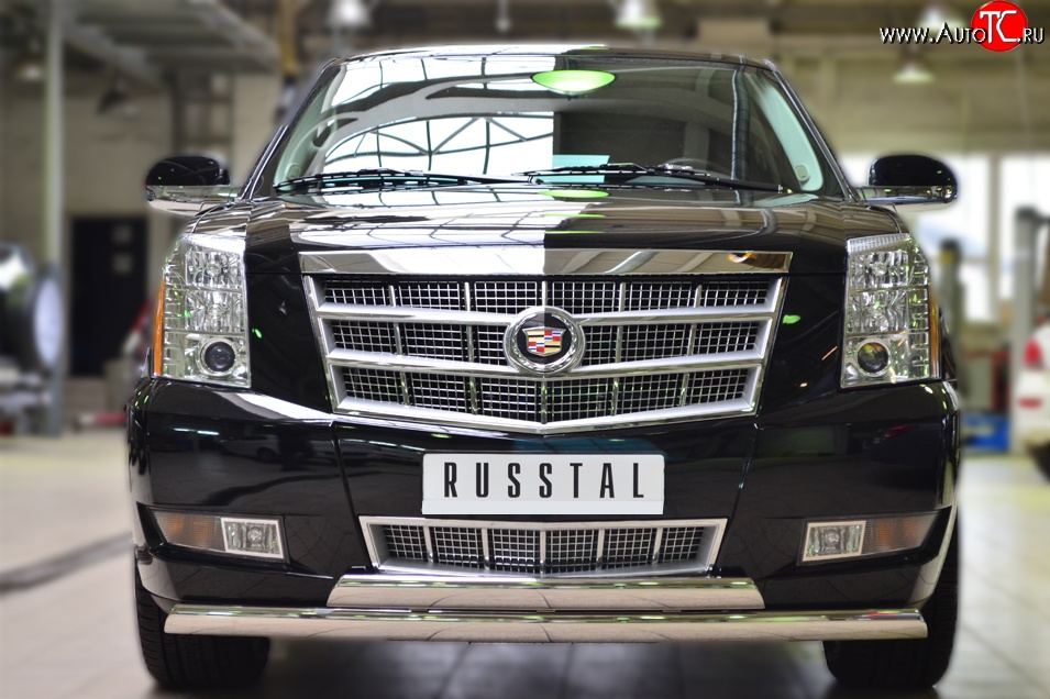 25 999 р. Защита переднего бампера (2 трубыØ75х42 мм, нержавейка) Russtal Cadillac Escalade GMT926 джип 5 дв. короткая база (2006-2014)  с доставкой в г. Санкт‑Петербург