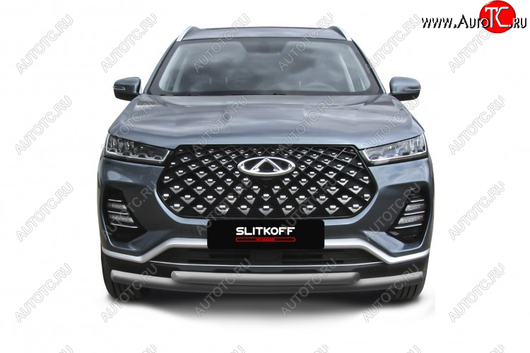 8 549 р. Защита переднего бампера Slitkoff (Ø 57+Ø 42 мм). Chery Tiggo 7 PRO (2019-2024) (Цвет: серебристый)  с доставкой в г. Санкт‑Петербург