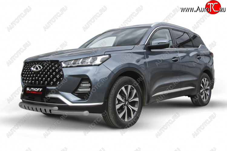 10 449 р. Защита переднего бампера Slitkoff (Ø 57+Ø 42 мм). Chery Tiggo 7 PRO (2019-2024) (Цвет: серебристый)  с доставкой в г. Санкт‑Петербург