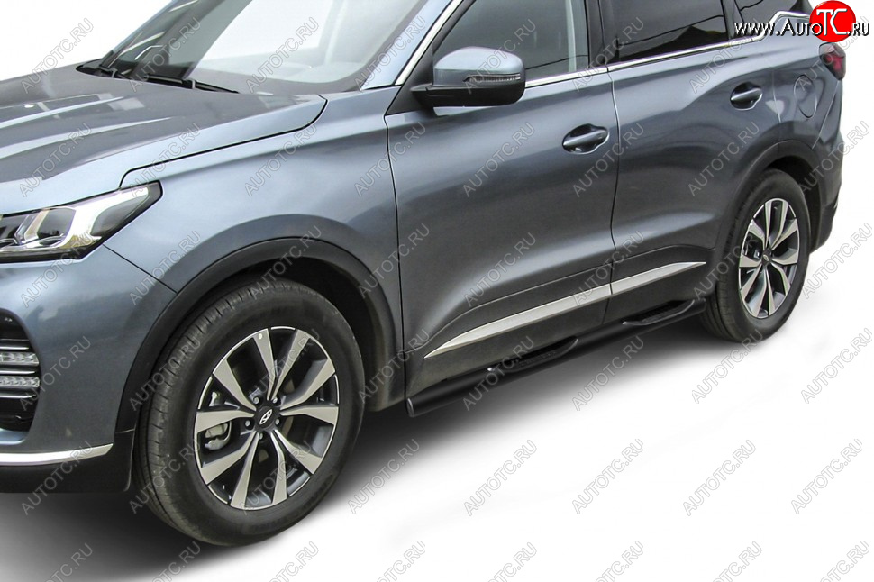 10 849 р. Защита порогов Slitkoff (Ø 76 мм, с проступями).  Chery Tiggo 7 PRO (2019-2024) (Цвет: черный)  с доставкой в г. Санкт‑Петербург