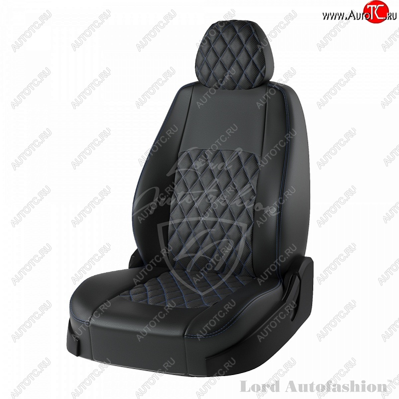 7 399 р. Чехлы для сидений Lord Autofashion Турин Ромб (экокожа)  Chevrolet Aveo ( T200,  T250) (2002-2011) хэтчбек 5 дв, хэтчбек 5 дв рестайлинг (Черный, вставка черная, строчка синяя)  с доставкой в г. Санкт‑Петербург