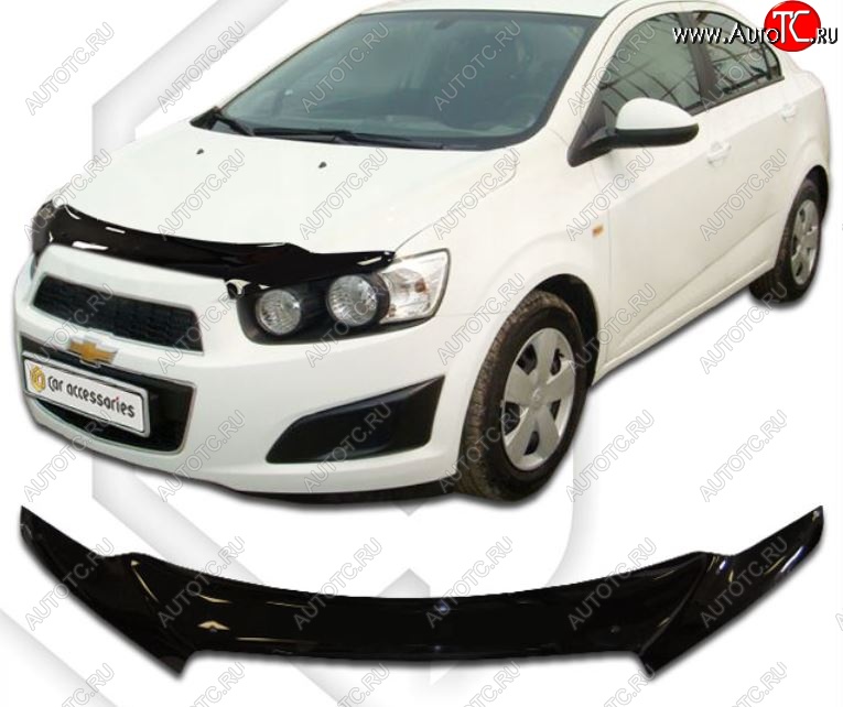 2 799 р. Дефлектор капота CA-Plastic  Chevrolet Aveo  T300 (2011-2015) седан (Classic черный, Без надписи)  с доставкой в г. Санкт‑Петербург