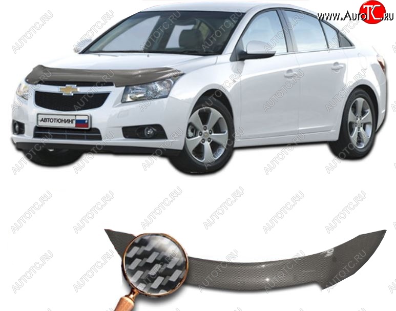 2 399 р. Дефлектор капота CA-Plastiс  Chevrolet Cruze ( J300,  D2LC) (2009-2018) седан дорестайлинг, седан рестайлинг, седан дорестайлинг (Шелкография карбон-серебро)  с доставкой в г. Санкт‑Петербург