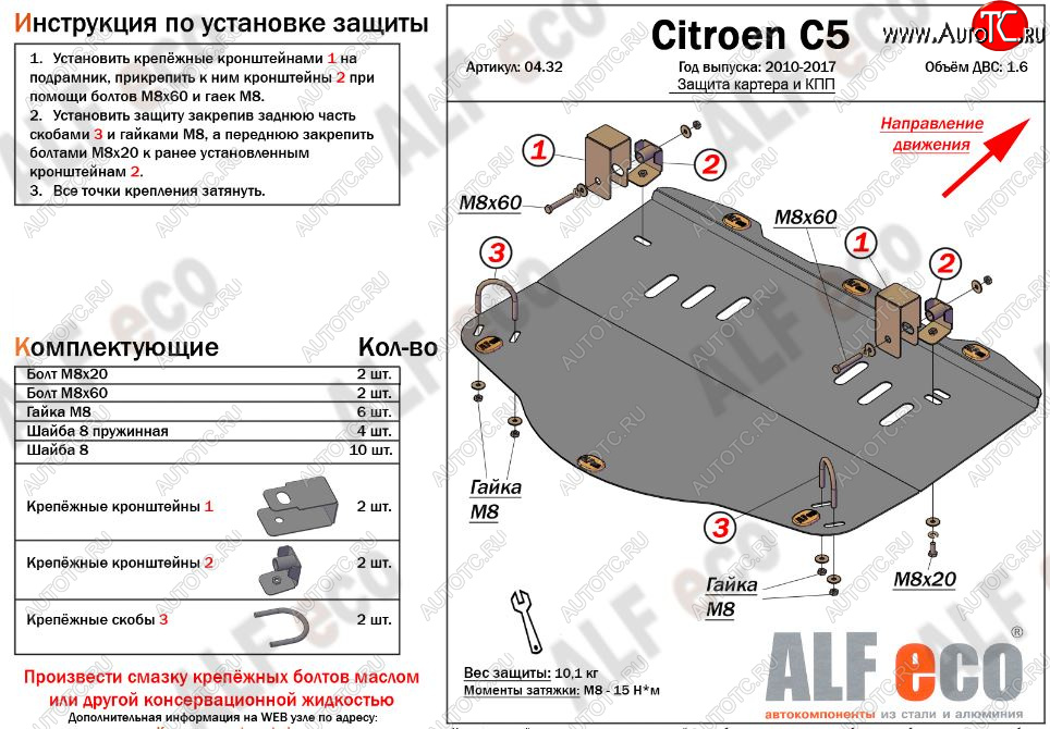 4 999 р. Защита картера двигателя и КПП (V-1,6MT) Alfeco CITROEN C5 RW доресталийнг, универсал (2008-2017) (Сталь 2 мм)  с доставкой в г. Санкт‑Петербург