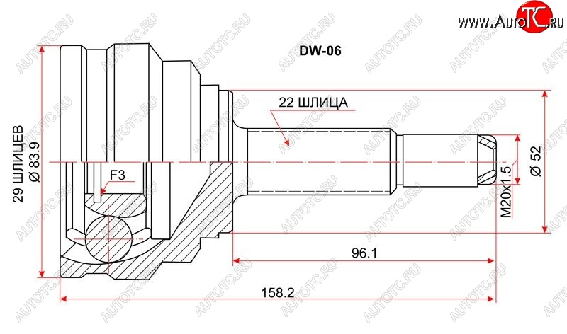 1 539 р. Шрус (наружный) SAT (сальник 52 мм, шлицев 29/22) Daewoo Nexia рестайлинг (2008-2015)  с доставкой в г. Санкт‑Петербург