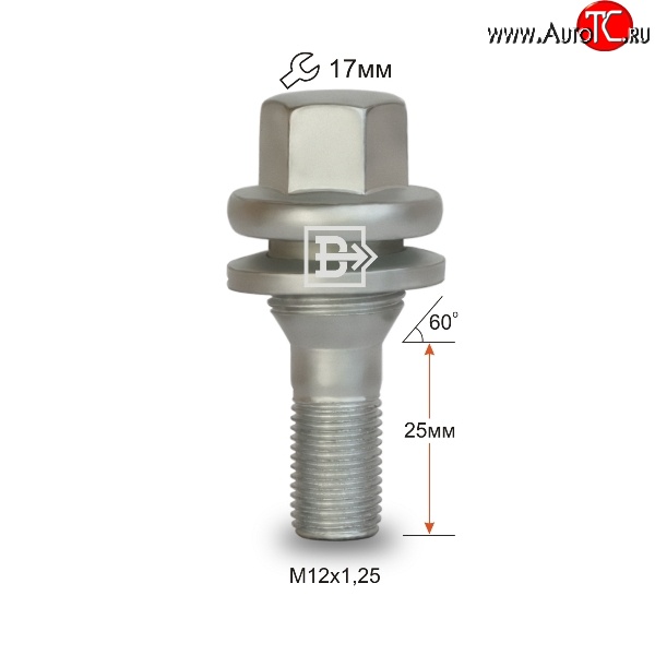 289 р. Колёсный болт длиной 25 мм Вектор M12 1.25 25 под гаечный ключ (пос.место: конус)    с доставкой в г. Санкт‑Петербург