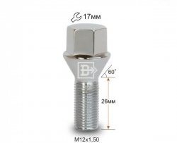 112 р. Колёсный болт длиной 26 мм Вектор M12 1.5 26 под гаечный ключ (пос.место: конус) Geely Belgee X50 SX11 (2023-2025). Увеличить фотографию 1