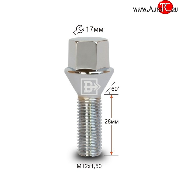 112 р. Колёсный болт длиной 28 мм Вектор M12 1.5 28 под гаечный ключ (пос.место: конус) Cadillac ATS седан рестайлинг (2015-2016)