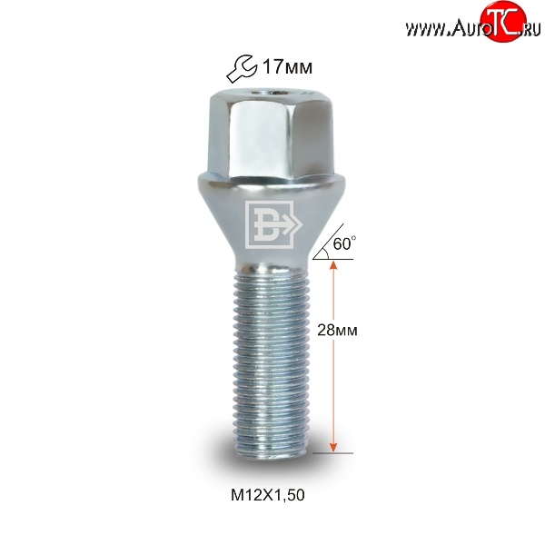 49 р. Колёсный болт длиной 28 мм Вектор M12 1.5 28 под гаечный ключ    с доставкой в г. Санкт‑Петербург