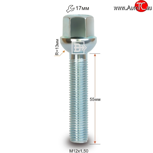 195 р. Колёсный болт длиной 55 мм Вектор M12 1.5 55 под гаечный ключ    с доставкой в г. Санкт‑Петербург