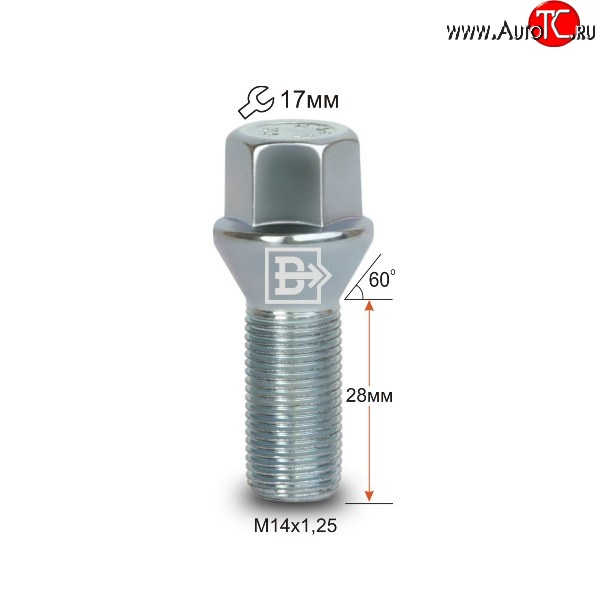 112 р. Колёсный болт длиной 28 мм Вектор M14 1.25 28 под гаечный ключ  Audi A4 B9, BMW A4 (B9), Ford Galaxy 2, Mini Galaxy (2), Toyota Supra (A90)  с доставкой в г. Санкт‑Петербург