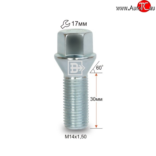 106 р. Колёсный болт длиной 30 мм Вектор M14 1.5 30 под гаечный ключ Zeekr 001 рестайлинг (2023-2025)