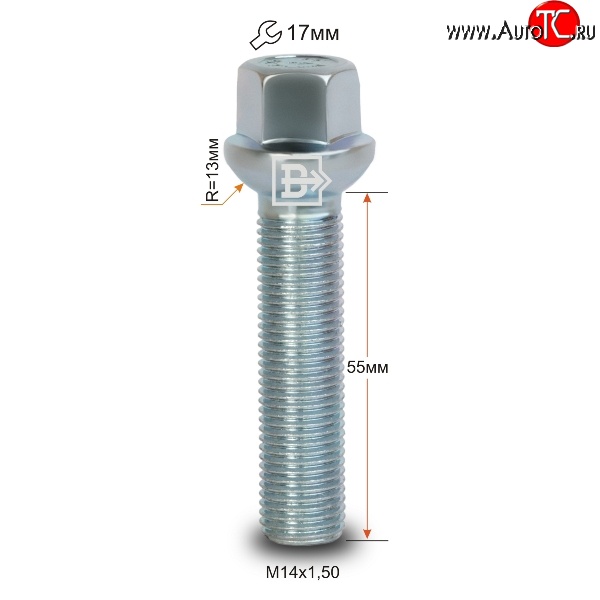 178 р. Колёсный болт длиной 55 мм Вектор M14 1.5 55 под гаечный ключ    с доставкой в г. Санкт‑Петербург