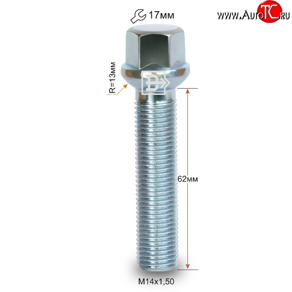 219 р. Колёсный болт длиной 62 мм Вектор M14 1.5 62 под гаечный ключ    с доставкой в г. Санкт‑Петербург