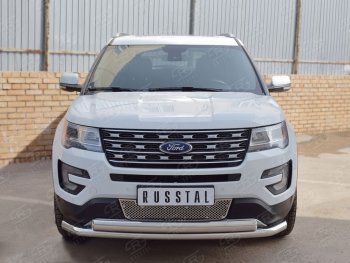 22 949 р. Защита переднего бампера (2 трубыØ63 и 75х42 мм, нержавейка) Russtal Ford Explorer U502 2-ой рестайлинг, 5 дв. (2017-2019)  с доставкой в г. Санкт‑Петербург. Увеличить фотографию 2