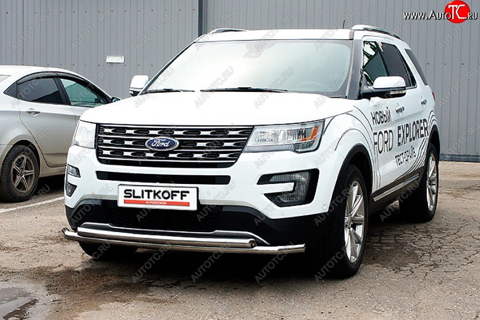 14 649 р. Защита переднего бампера Slitkoff (двойная, d57/57 мм)  Ford Explorer  U502 (2015-2018) 1-ый рестайлинг, 5 дв. (Нержавейка, Полированная)  с доставкой в г. Санкт‑Петербург