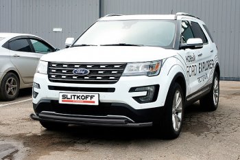 14 649 р. Защита переднего бампера Slitkoff (двойная, d57/57 мм)  Ford Explorer  U502 (2015-2018) 1-ый рестайлинг, 5 дв. (Нержавейка, Полированная)  с доставкой в г. Санкт‑Петербург. Увеличить фотографию 2