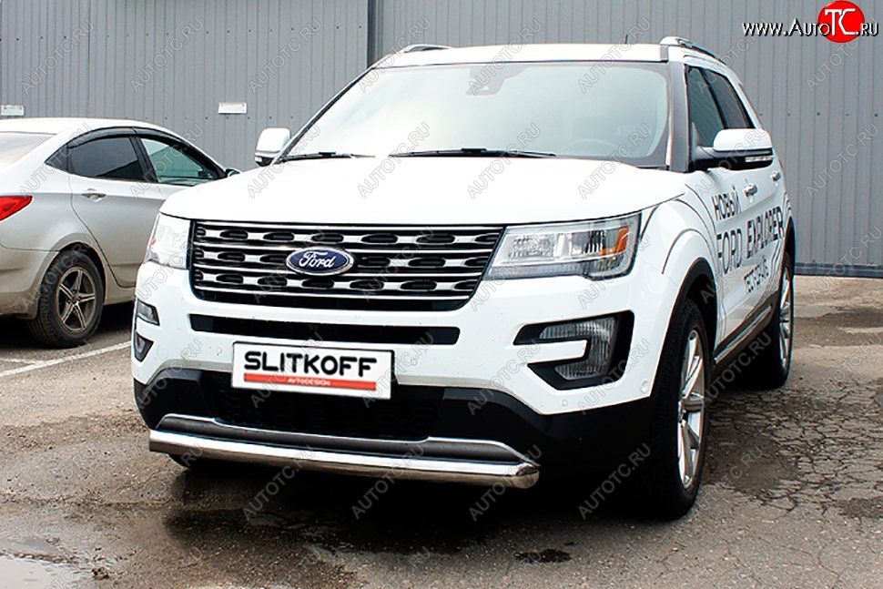 18 599 р. Защита переднего бампера Slitkoff (d76 мм)  Ford Explorer  U502 (2015-2018) 1-ый рестайлинг, 5 дв. (Нержавейка, Полированная)  с доставкой в г. Санкт‑Петербург