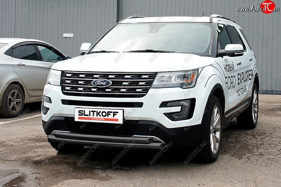 11 799 р. Защита переднего бампера Slitkoff (двойная, d76/57 мм)  Ford Explorer  U502 (2015-2018) (Сталь с полимерным покрытием. Цвет: чёрный)  с доставкой в г. Санкт‑Петербург