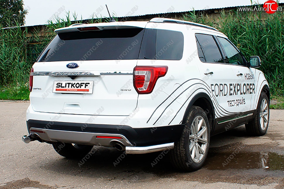 10 999 р. Защита заднего бампера Slitkoff (d76 мм, уголки)  Ford Explorer  U502 (2015-2018) 1-ый рестайлинг, 5 дв. (Нержавейка, Полированная)  с доставкой в г. Санкт‑Петербург