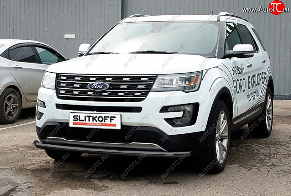 8 199 р. Защита переднего бампера Slitkoff (Ø 57 мм). Ford Explorer U502 1-ый рестайлинг, 5 дв. (2015-2018) (Сталь с полимерным покрытием. Цвет: черный)  с доставкой в г. Санкт‑Петербург