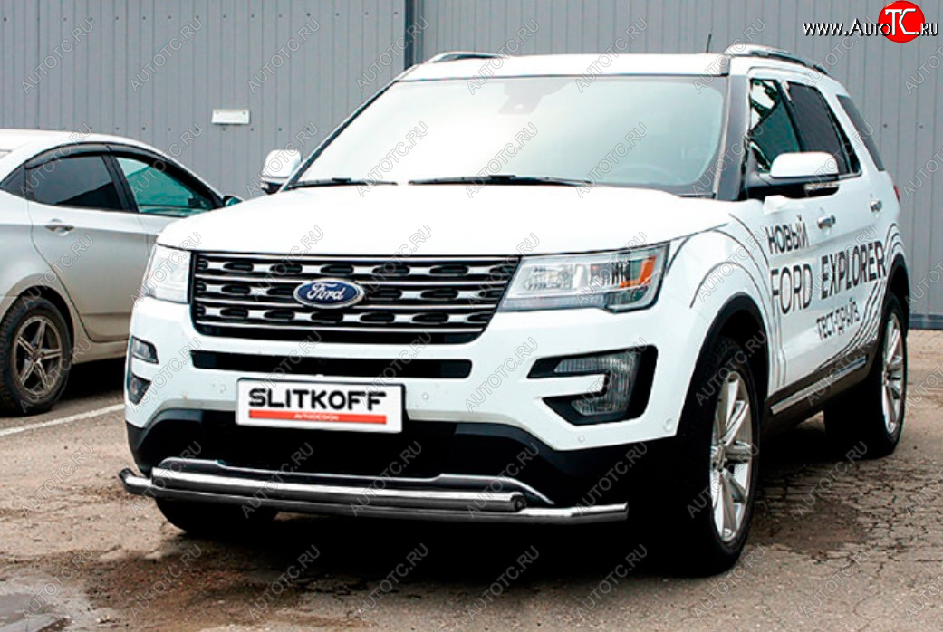 10 249 р. Защита переднего бампера Slitkoff (двойная, Ø57/57 мм)  Ford Explorer  U502 (2015-2018) (Цвет: серебристый)  с доставкой в г. Санкт‑Петербург