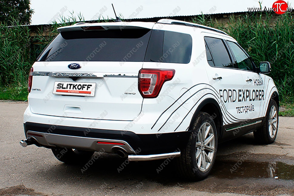 9 599 р. Защита заднего бампера Slitkoff (d57 мм, уголки)  Ford Explorer  U502 (2017-2019) 2-ой рестайлинг, 5 дв. (Нержавейка, Полированная)  с доставкой в г. Санкт‑Петербург