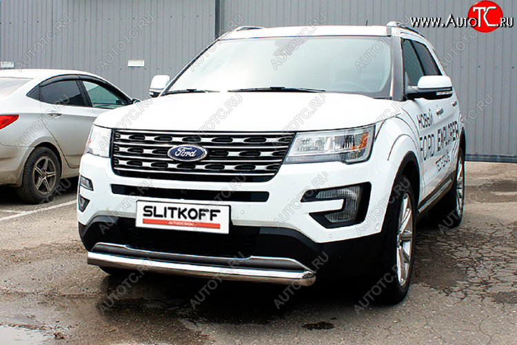 9 999 р. Защита переднего бампера Slitkoff (Ø 76 мм) Ford Explorer U502 2-ой рестайлинг, 5 дв. (2017-2019) (Цвет: серебристый)  с доставкой в г. Санкт‑Петербург