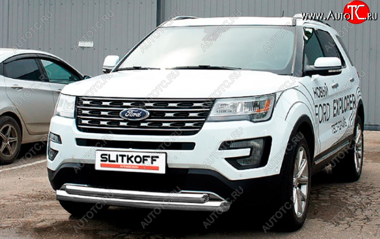 11 799 р. Защита переднего бампера Slitkoff (Ø 76+Ø 57, двойная).  Ford Explorer  U502 (2017-2019) (Сталь с полимерным покрытием. Цвет: серебристый)  с доставкой в г. Санкт‑Петербург