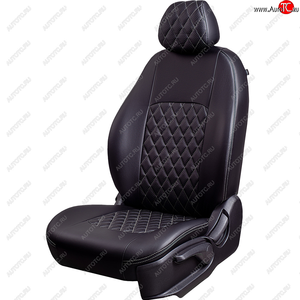 7 399 р. Чехлы для сидений Lord Autofashion Турин Ромб (эккожа, спинка и сиденье 60/40, 2 Г-оббразных подголовника)  Ford Fusion  1 (2002-2012) хэтчбэк дорестайлинг,  рестайлинг, хэтчбэк (Черный, вставка черная, строчка серая)  с доставкой в г. Санкт‑Петербург