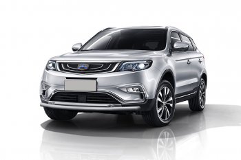 8 399 р. Защита переднего бампера Slitkoff (двойная, d57/42 мм)  Geely Atlas (2017-2024) (Сталь с полимерным покрытием. Цвет: серебристый)  с доставкой в г. Санкт‑Петербург. Увеличить фотографию 1