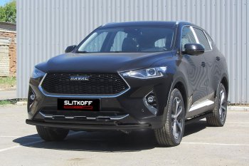 8 399 р. Защита переднего бампера (2 трубы Ø57 и 42 мм, окрашенная) Slitkoff Haval F7  дорестайлинг (2018-2022) (цвет: черный)  с доставкой в г. Санкт‑Петербург. Увеличить фотографию 1