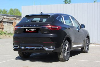 8 399 р. Защита заднего бампера (d57+d42) Slitkoff  Haval F7x (2019-2022)  дорестайлинг (Цвет: черный)  с доставкой в г. Санкт‑Петербург. Увеличить фотографию 1