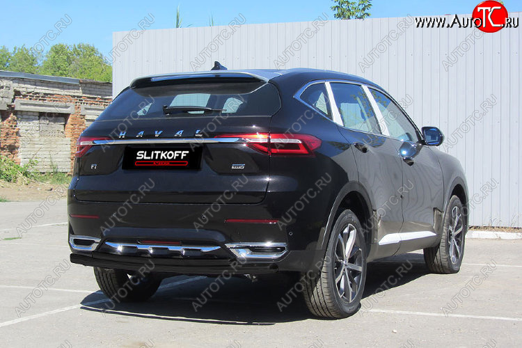 8 399 р. Защита заднего бампера (d57+d42) Slitkoff  Haval F7x (2019-2022)  дорестайлинг (Цвет: черный)  с доставкой в г. Санкт‑Петербург