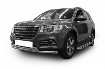 7 899 р. Защита переднего бампера Slitkoff (Ø 57+Ø 57). Haval H2 (2014-2021) (Цвет: серебристый)  с доставкой в г. Санкт‑Петербург. Увеличить фотографию 1