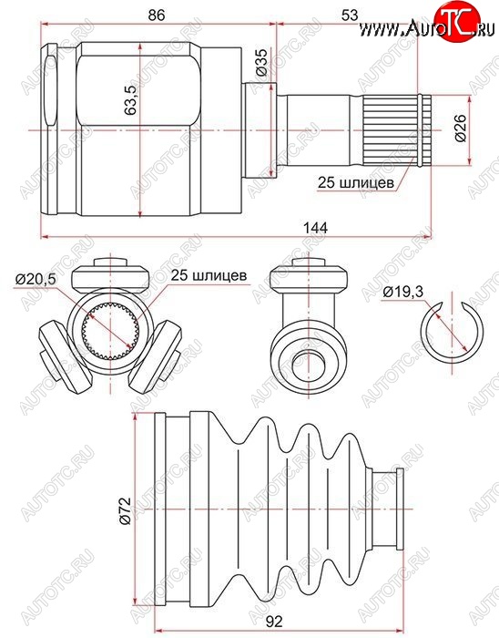 2 859 р. ШРУС внутренний SAT (левый/правый, сальник 35, шлицы 25/25) Honda Fit 1 GD дорестайлинг (2001-2004)  с доставкой в г. Санкт‑Петербург