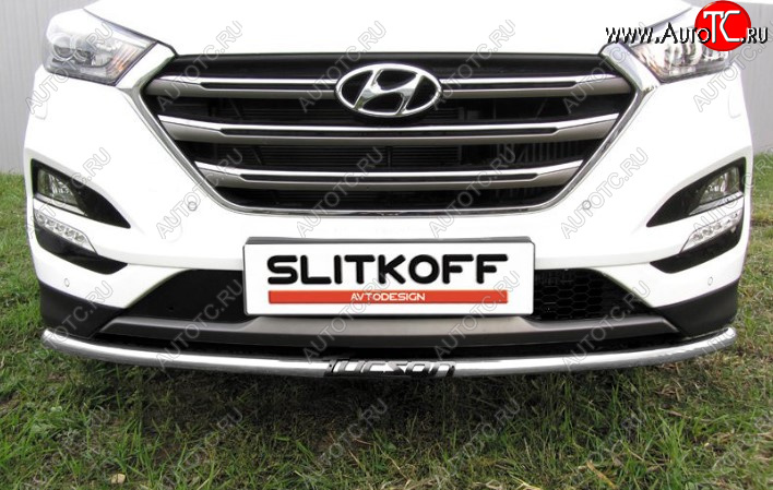7 549 р. Защита переднего бампера Slitkoff (Ø 42 мм, с надписью).  Hyundai Tucson  3 TL (2015-2018) (Сталь с полимерным покрытием. Цвет: серебристый)  с доставкой в г. Санкт‑Петербург