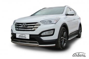 Защита переднего бампера Arbori (нержавейка, 2 трубы d57 и 42 mm) Hyundai Santa Fe 3 DM дорестайлинг (2012-2016)