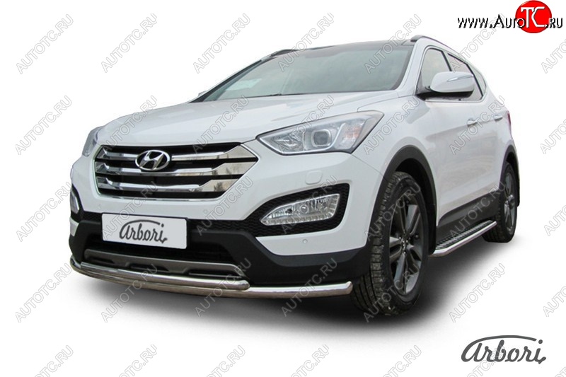 13 229 р. Защита переднего бампера Arbori (нержавейка, 2 трубы d57 и 42 mm) Hyundai Santa Fe DM дорестайлинг (2012-2016)  с доставкой в г. Санкт‑Петербург