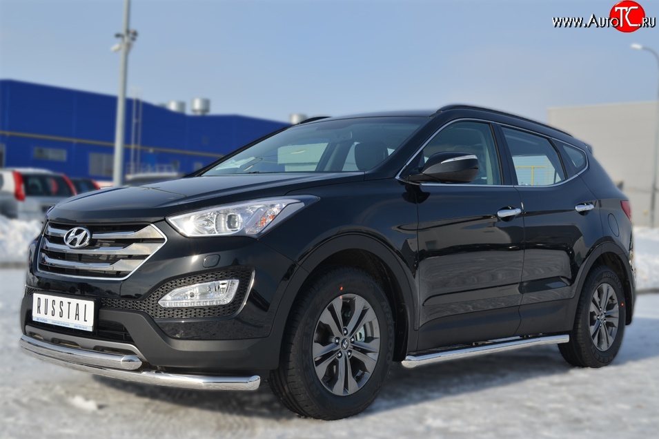 14 849 р. Защита порогов из круглой трубы диаметром 63 мм Russtal Hyundai Santa Fe DM дорестайлинг (2012-2016) (Защита порогов с со скосами на торцах (вариант 1))  с доставкой в г. Санкт‑Петербург