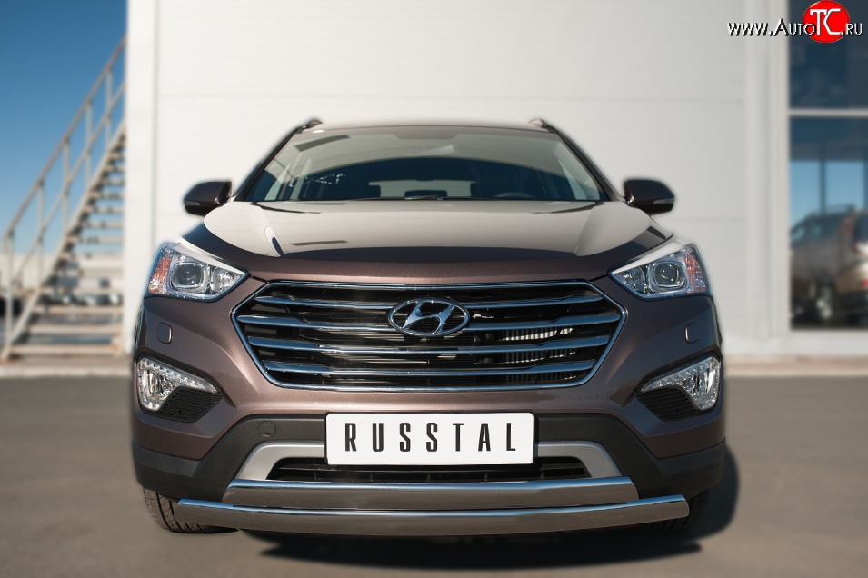 27 649 р. Защита переднего бампера (2 трубыØ75х42 мм, нержавейка) Russtal Hyundai Grand Santa Fe 1 DM дорестайлинг (2013-2016)  с доставкой в г. Санкт‑Петербург