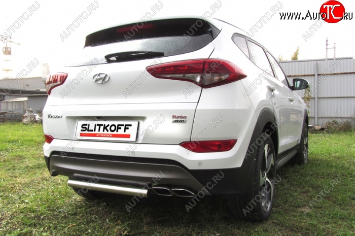 6 949 р. Защита заднего бампера из короткой трубы диаметром 57 мм Slitkoff  Hyundai Tucson  3 TL (2015-2018) дорестайлинг (Нержавейка, Полированная)  с доставкой в г. Санкт‑Петербург