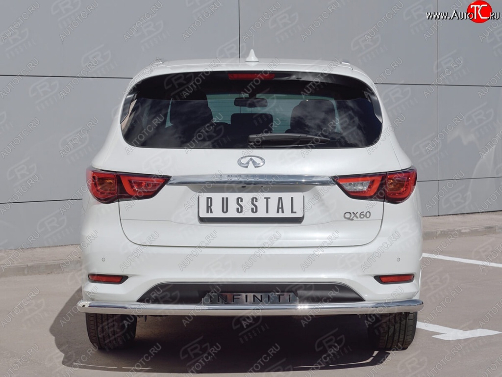 17 749 р. Защита заднего бампера (Ø63 мм с надписью, нержавейка) Russtal INFINITI QX60 L50 рестайлинг (2016-2021)  с доставкой в г. Санкт‑Петербург