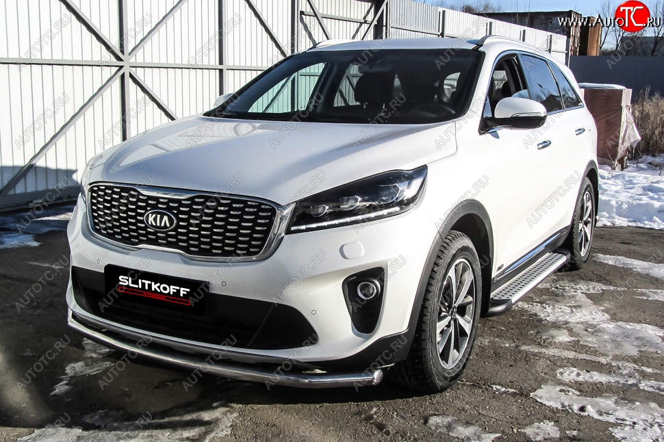 14 449 р. Защита переднего бампера Slitkoff (двойная, d57/42)  KIA Sorento  UM/Prime (2018-2020) рестайлинг (Нержавейка, Полированная)  с доставкой в г. Санкт‑Петербург