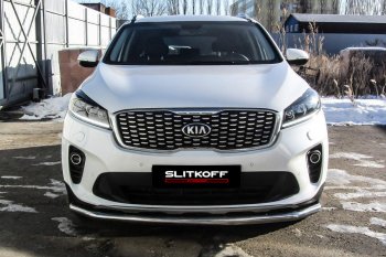 14 449 р. Защита переднего бампера Slitkoff (двойная, d57/42)  KIA Sorento  UM/Prime (2018-2020) рестайлинг (Нержавейка, Полированная)  с доставкой в г. Санкт‑Петербург. Увеличить фотографию 2