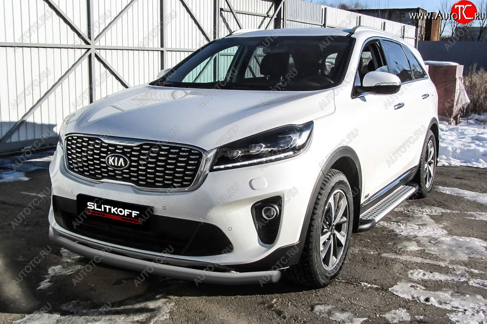 9 999 р. Защита переднего бампера Slitkoff (двойная, d57/42)  KIA Sorento  UM/Prime (2018-2020) рестайлинг (Сталь с полимерным покрытием. Цвет: серебристый)  с доставкой в г. Санкт‑Петербург