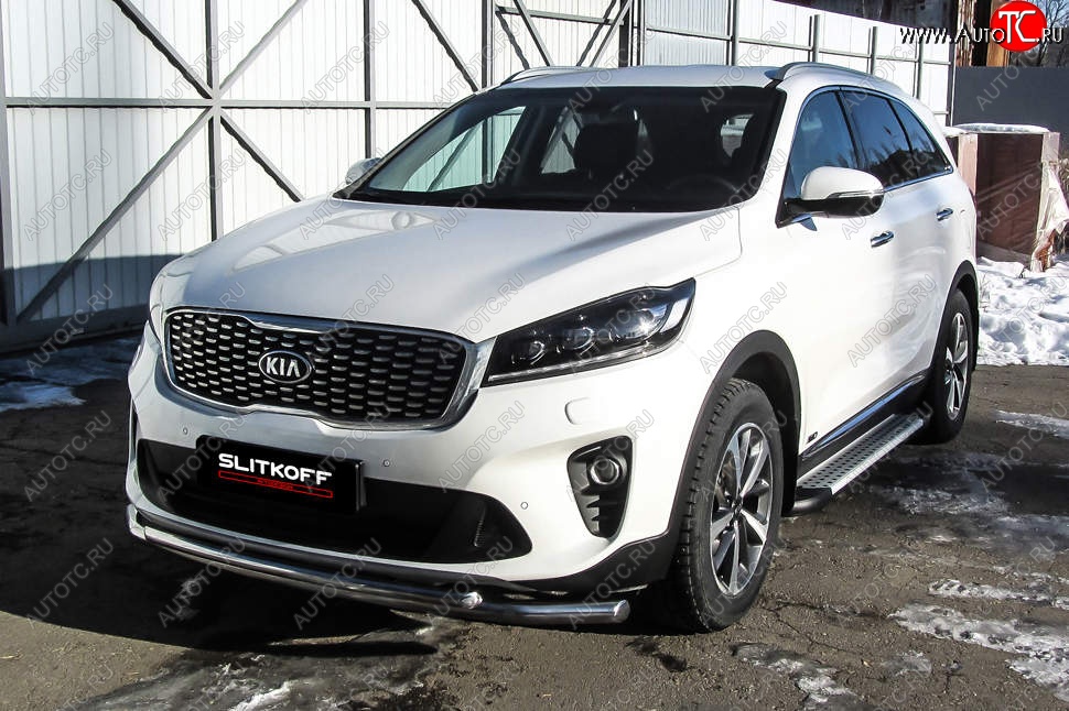 11 949 р. Защита переднего бампера Slitkoff (двойная, d57/42)  KIA Sorento  UM/Prime (2018-2020) рестайлинг (Нержавейка, Полированная)  с доставкой в г. Санкт‑Петербург