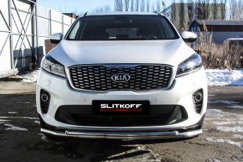 11 949 р. Защита переднего бампера Slitkoff (двойная, d57/42)  KIA Sorento  UM/Prime (2018-2020) рестайлинг (Нержавейка, Полированная)  с доставкой в г. Санкт‑Петербург. Увеличить фотографию 2