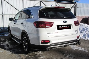 4 399 р. Защита заднего бампера Slitkoff (уголки, d57)  KIA Sorento  UM/Prime (2018-2020) рестайлинг (Сталь с полимерным покрытием. Цвет: чёрный)  с доставкой в г. Санкт‑Петербург. Увеличить фотографию 1